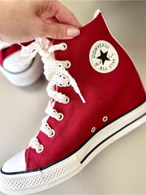 Converse Chuck Taylor Red High Tops Lace Ribbon Coquette Balletcore size 9.5